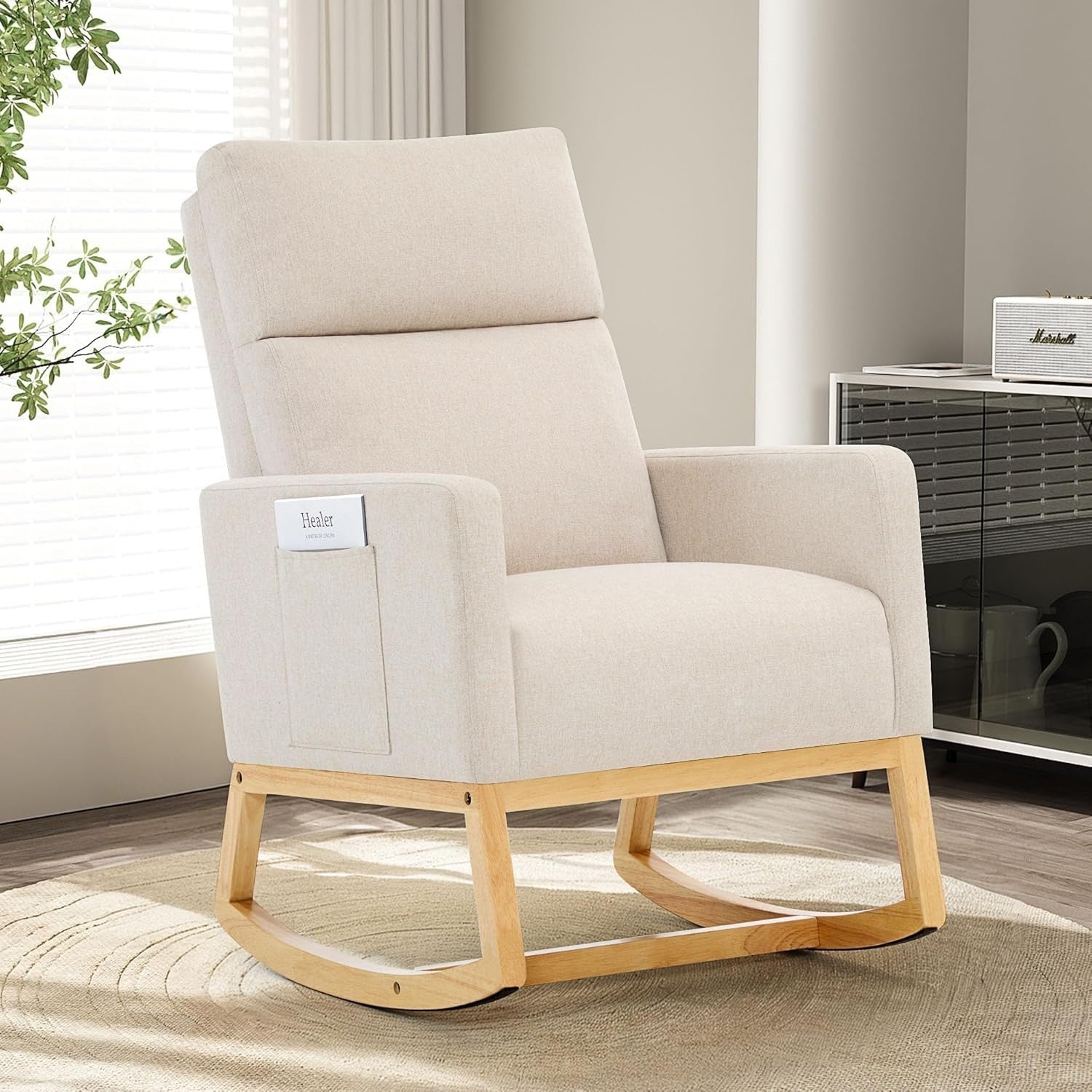 Beige Linen Rocking Chair for Adults with High Back, Storage & Wooden Legs