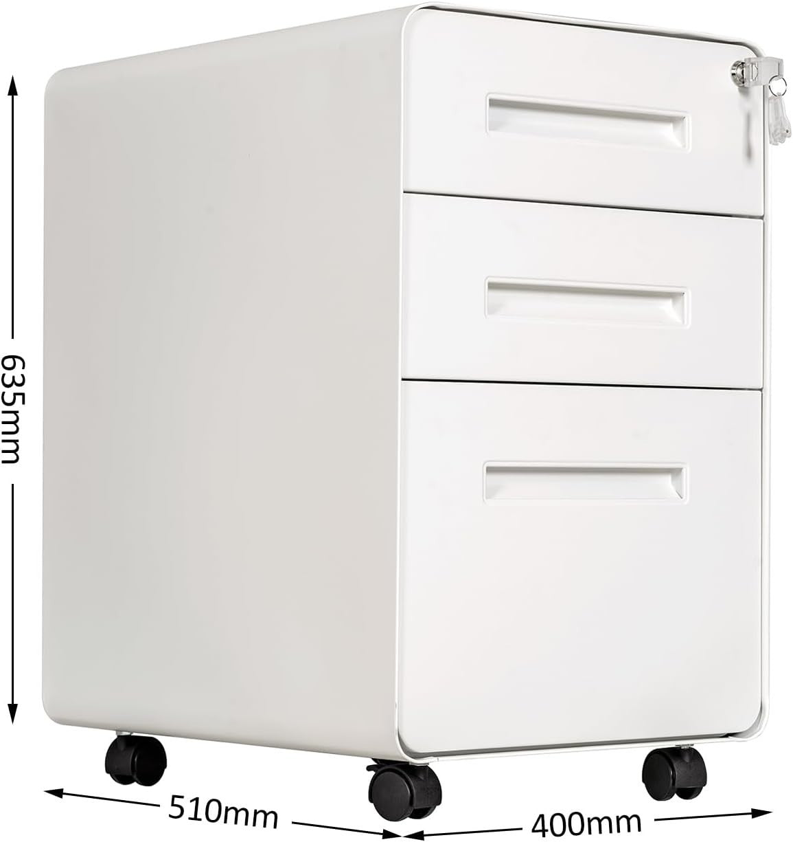 White 3 Drawer Lockable Mobile File Cabinet 51x40x63.5cm