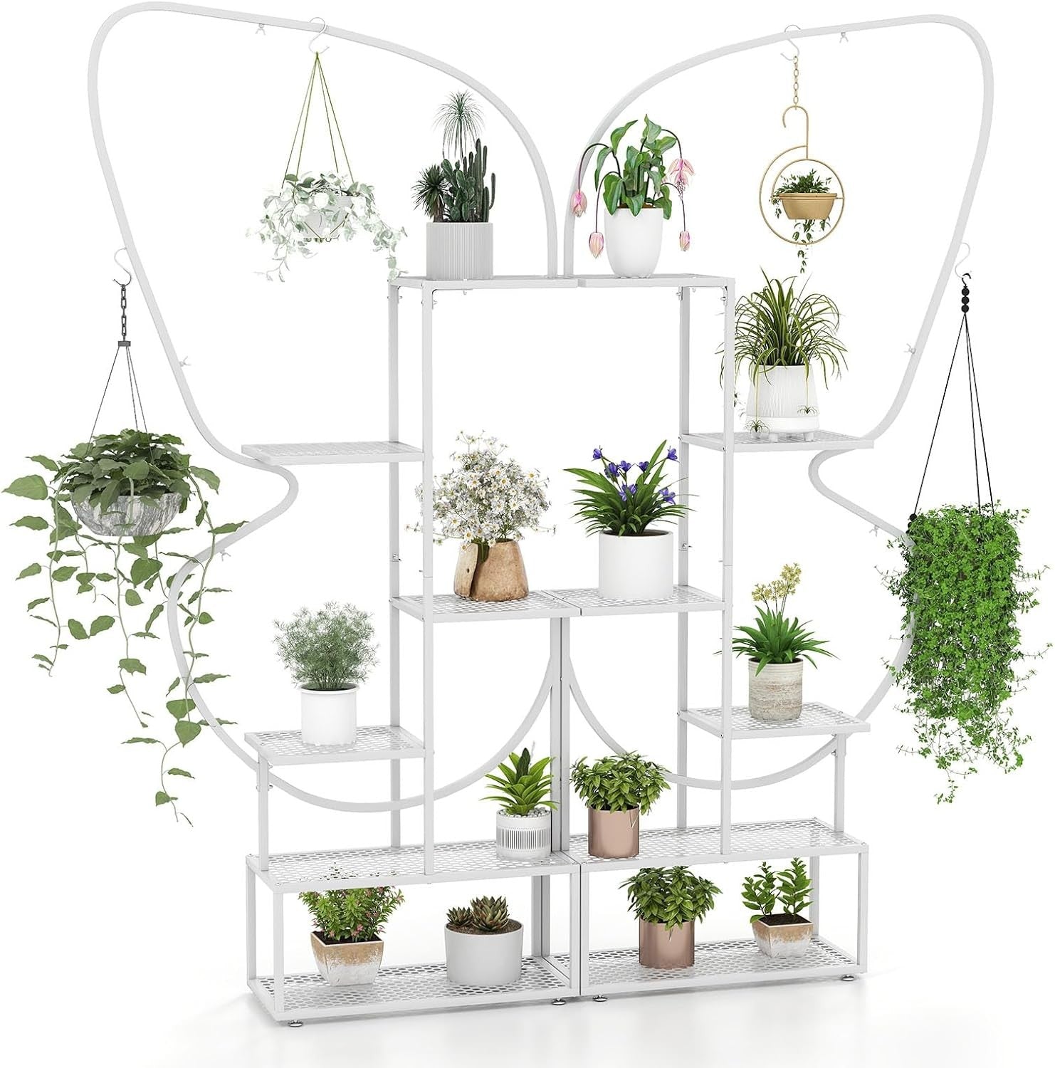 6 Tier White Metal Plant Stand Butterfly Shape Tall Indoor Outdoor Flower Shelf