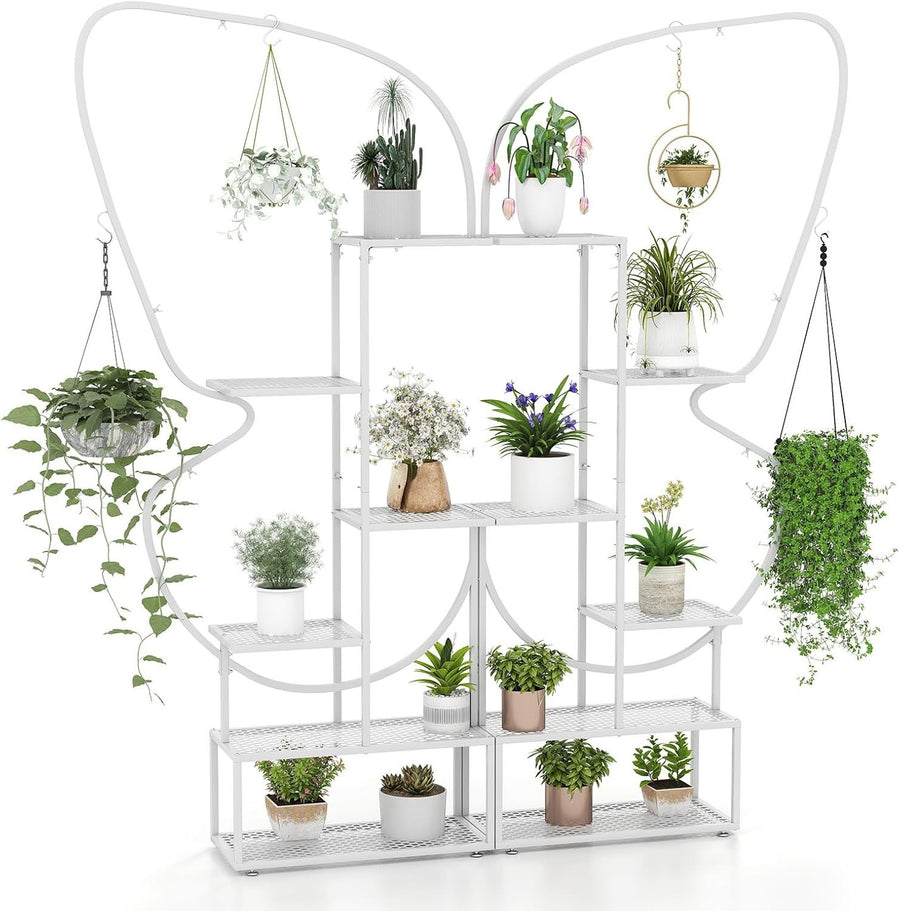 6 Tier White Metal Plant Stand Butterfly Shape Tall Indoor Outdoor Flower Shelf