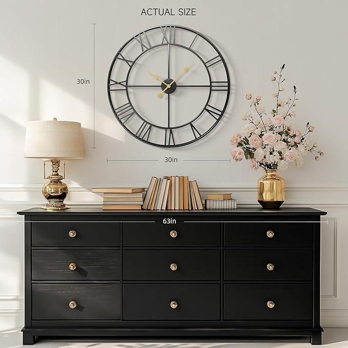 30" Large Silent Metal Wall Clock Modern Black Roman Numeral Home Decor