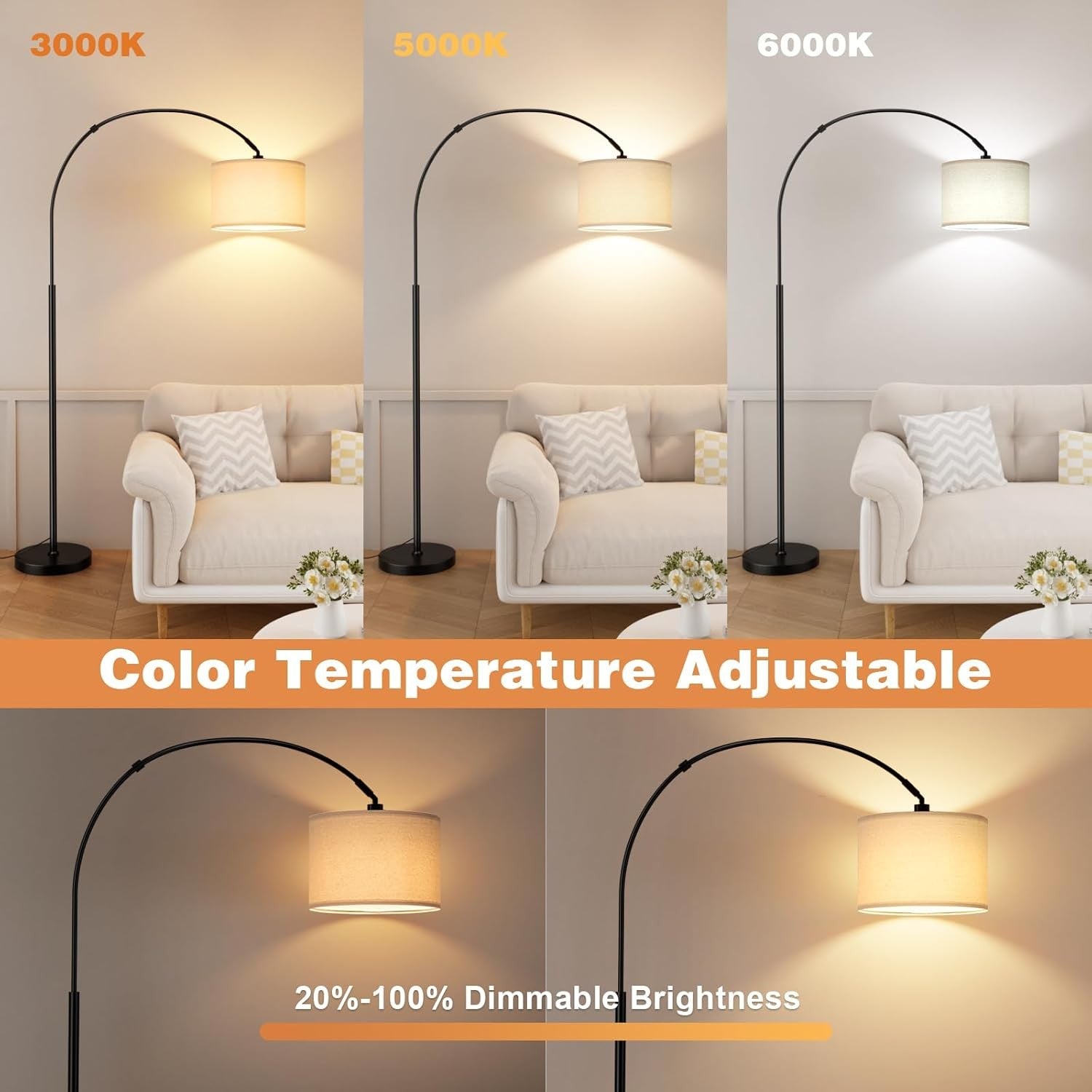 Arc Floor Lamp Remote Dimmable Corner Standing Light Modern Tall Lamp