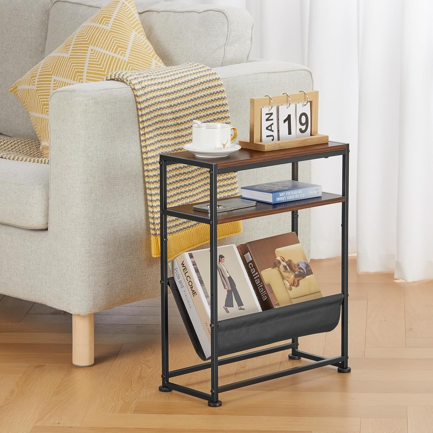 Slim Side Table for Small Spaces – Narrow End Table with Storage & Magazine Rack