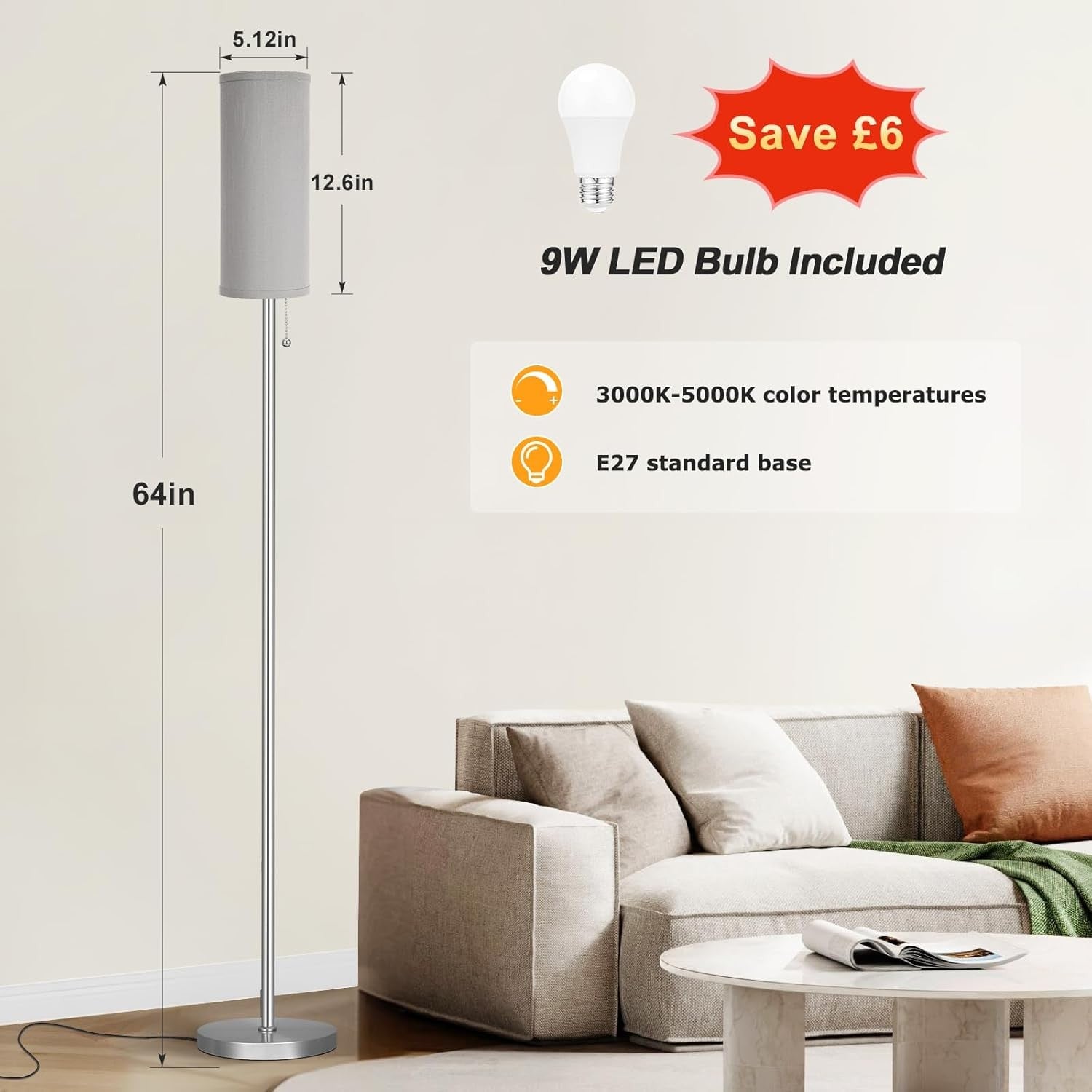 Grey Floor Lamp 64in Standing Lamp Bedroom Living Room Bulb Included