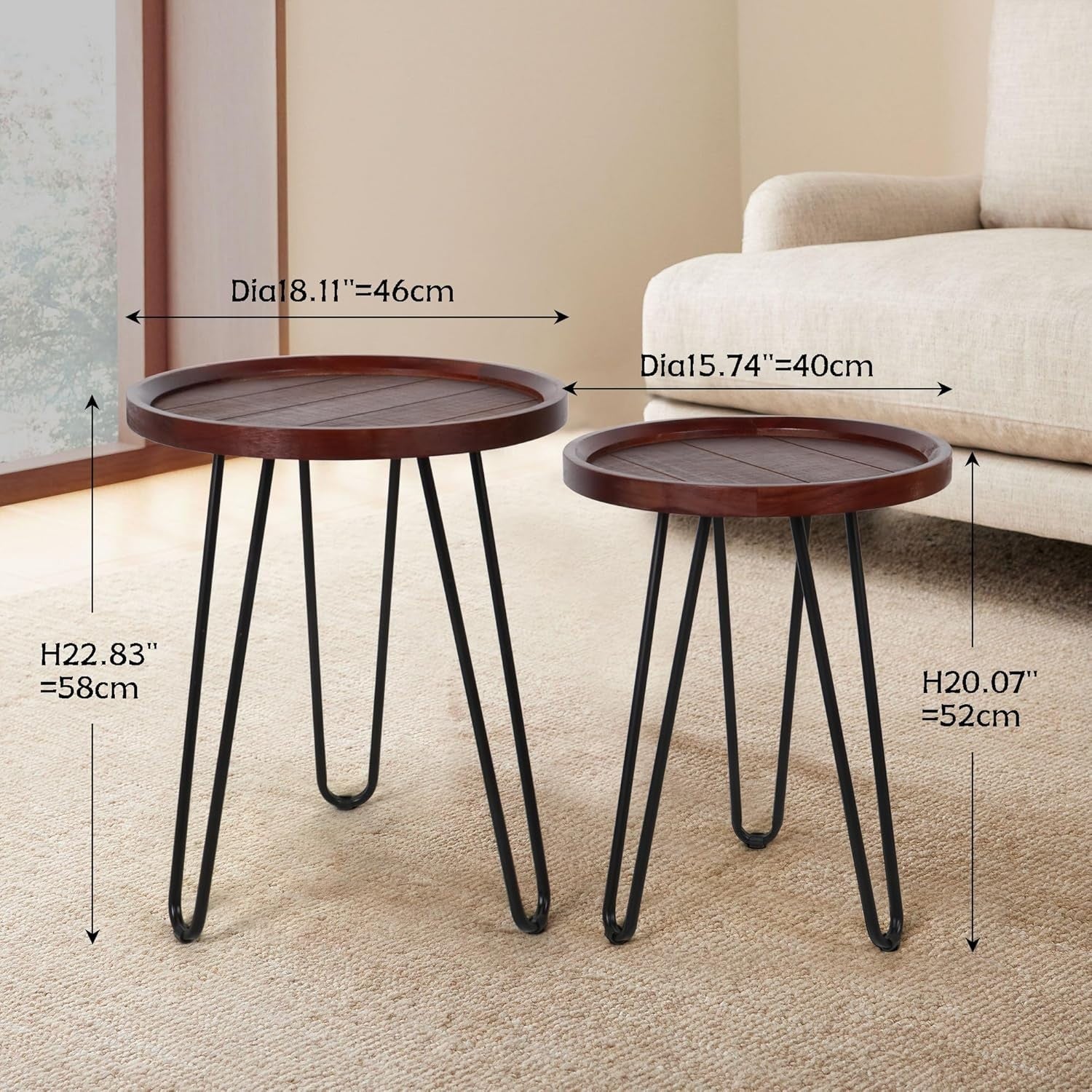 Round Wood Nesting Coffee Table Walnut Metal Frame Side End Tables Set of 2