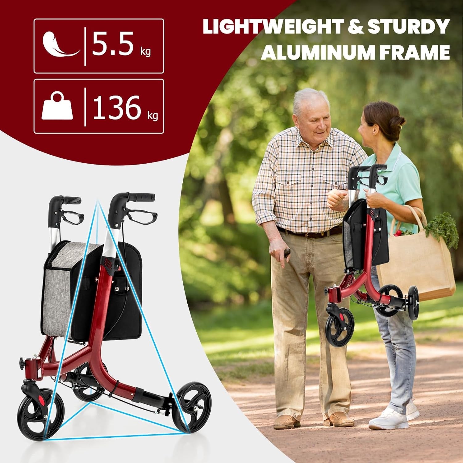 3 Wheel Folding Rollator Walker Lightweight Adjustable Mobility Aid Brakes
