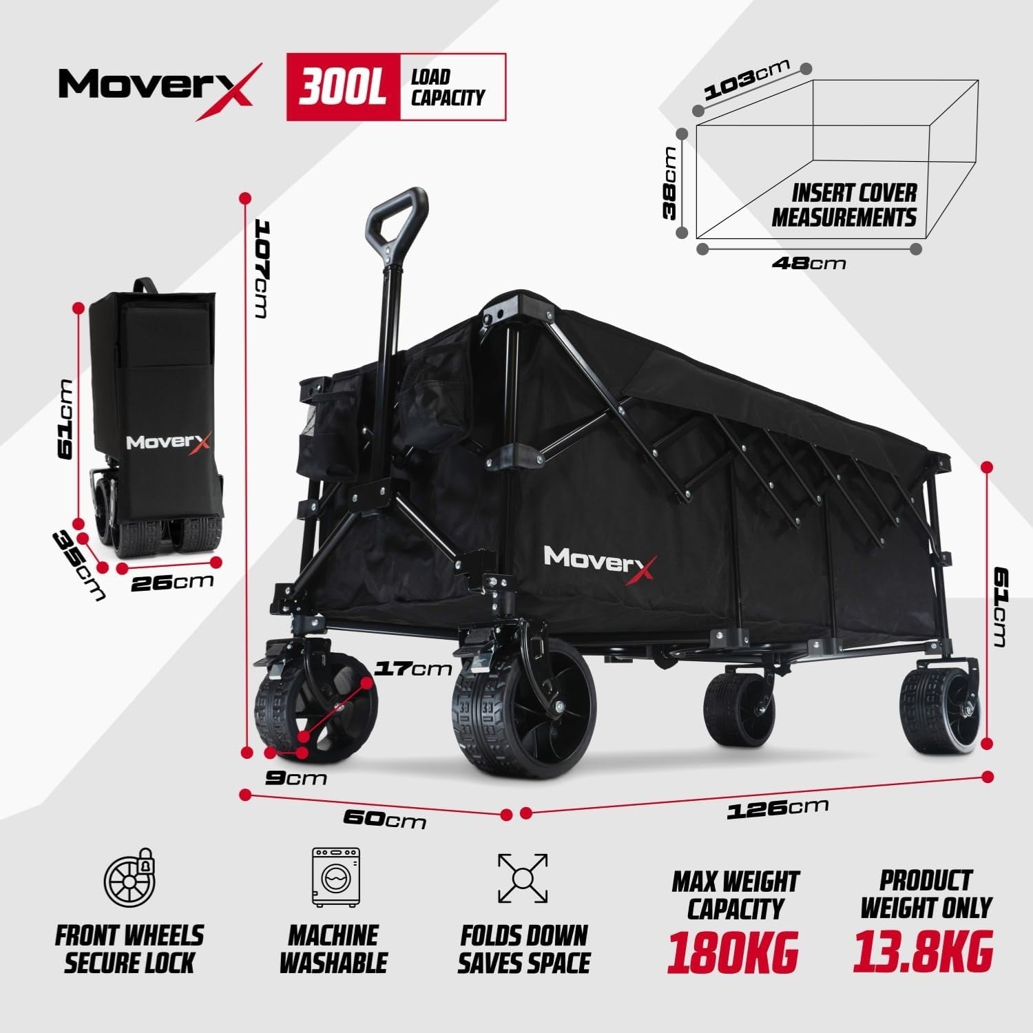 Black 300L Folding Camping Wagon Wide Wheel Festival Trolley Adjustable Handle