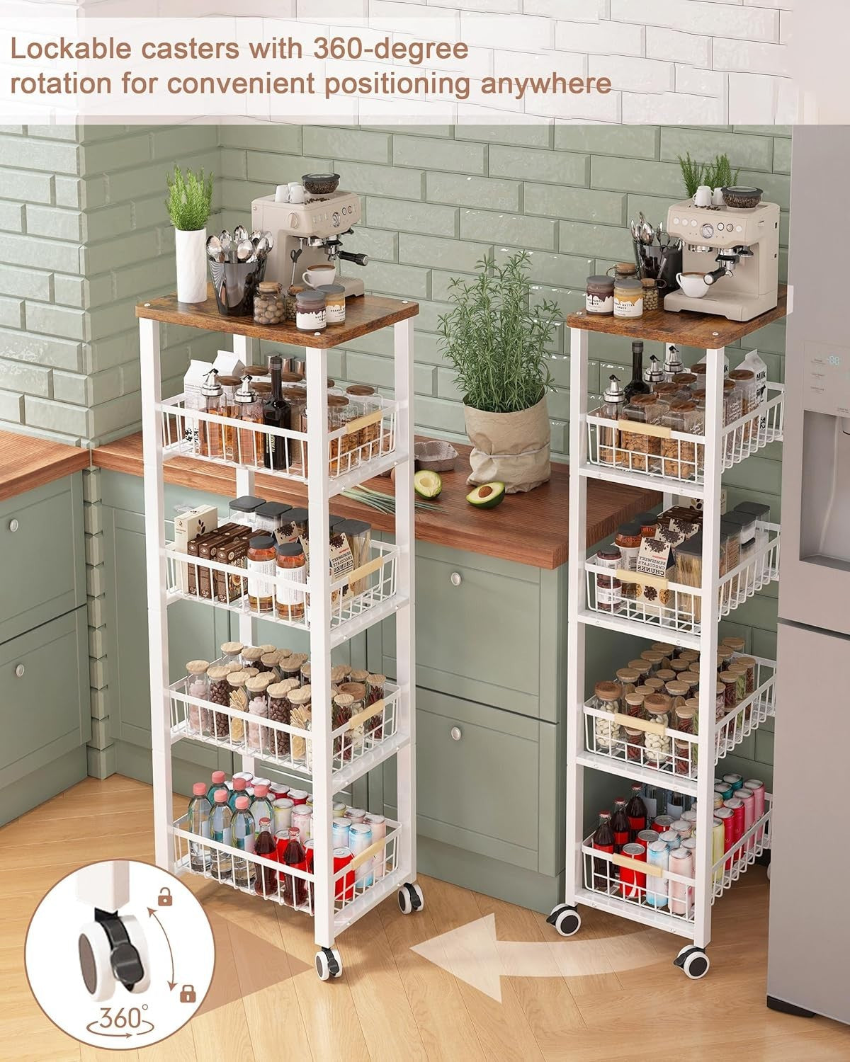 5 Tier Slim Kitchen Storage Trolley on Wheels Wood Top