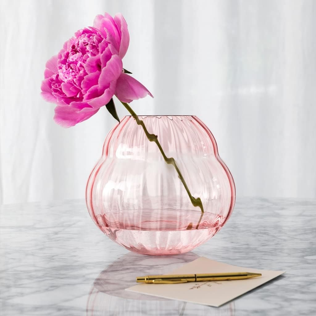 Pink Crystal Glass Vase 17cm Round Modern Flower Vase Table Centrepiece