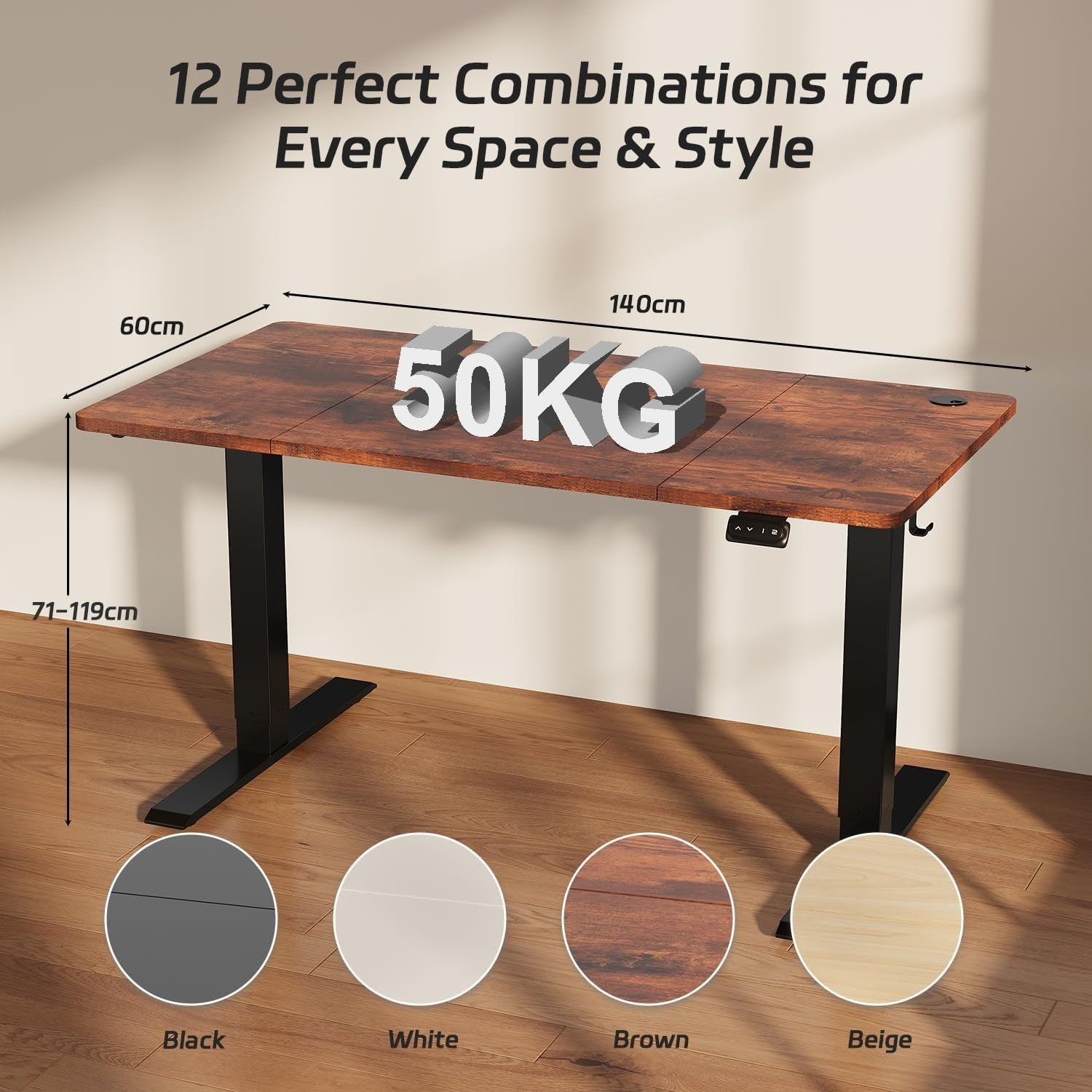 Electric Standing Desk 140x60cm Adjustable Sit Stand Table with Memory – Brown