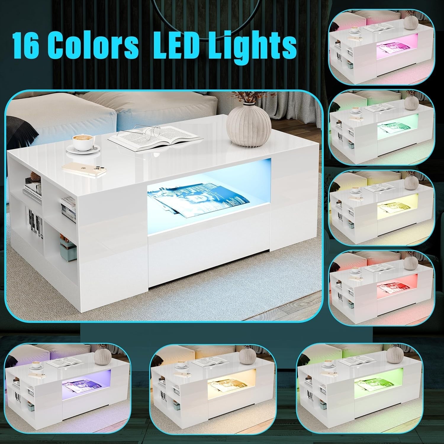 Blisswood LED Coffee Table with 2 Drawers, High Gloss Grey & RGB Lights