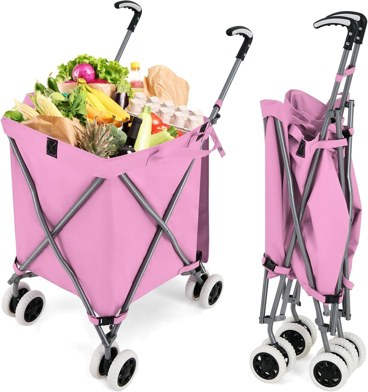 90L Folding Shopping Trolley 8 Wheels Large Push Cart Waterproof Pink