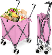 90L Folding Shopping Trolley 8 Wheels Large Push Cart Waterproof Pink