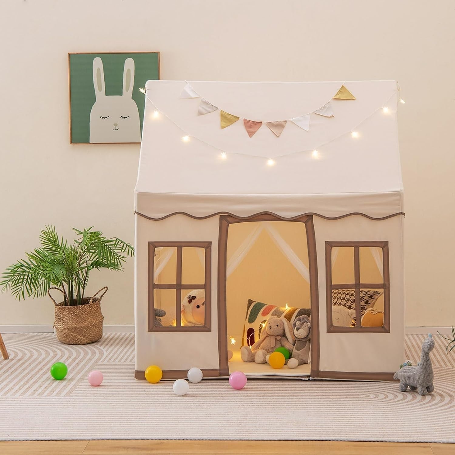 Beige Kids Castle Playhouse Tent Indoor Outdoor Anti Trip Mat Lights
