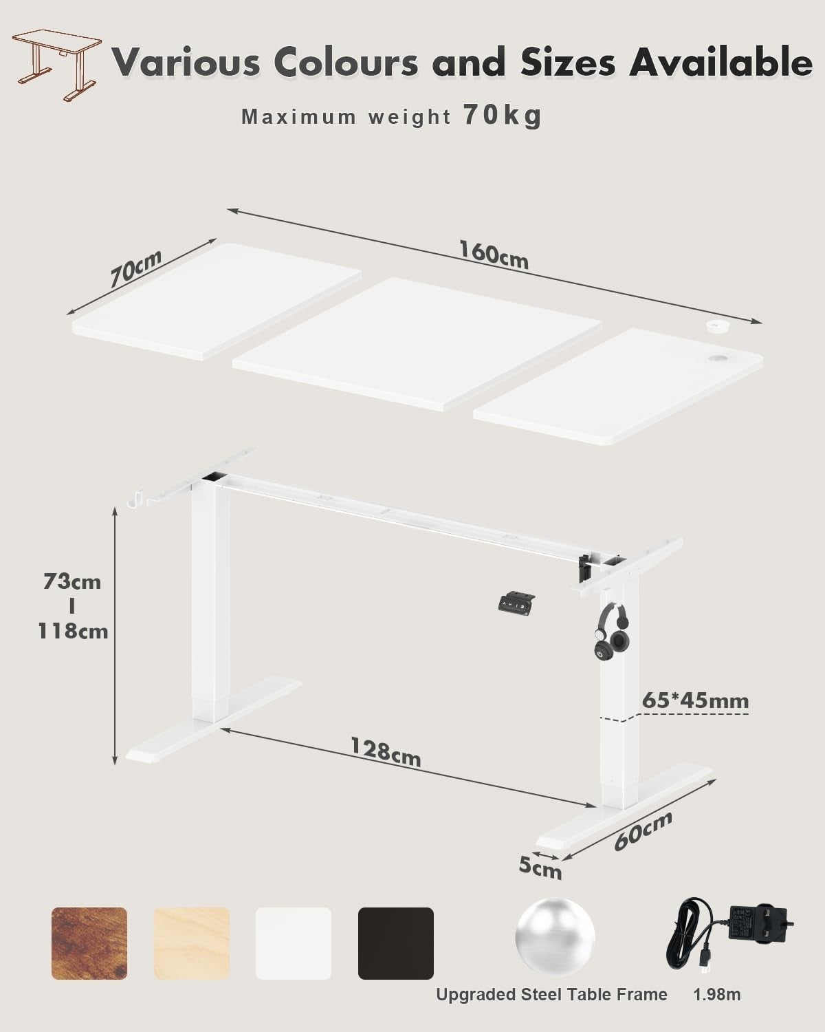 Electric Height Adjustable Standing Desk 160x70cm White Ergonomic Office Table