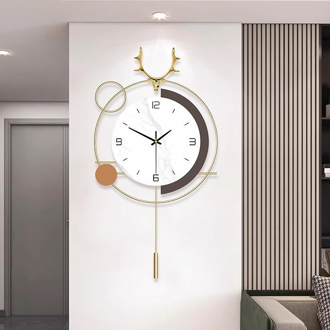 Modern Deer Pendulum Wall Clock 25in Large Silent Quartz Metal Home Decor