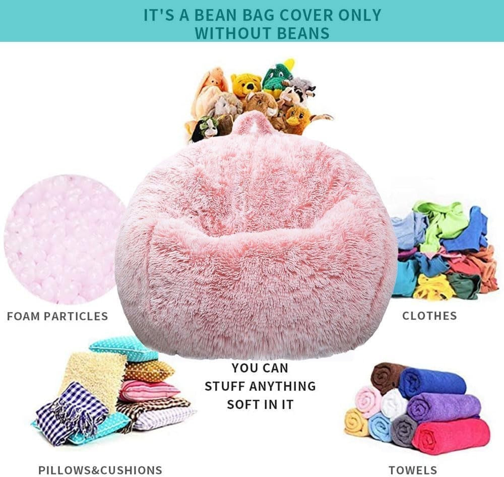 Plush Fluffy Bean Bag Cover for Stuffed Toys Storage Kids Teens Adults Pink