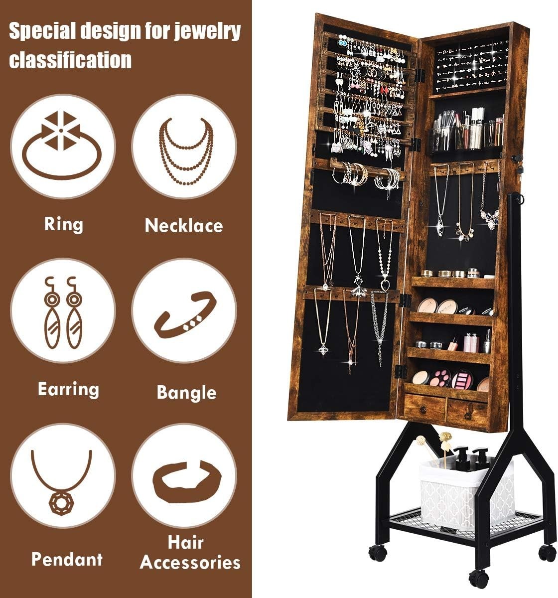 Brown Rolling Jewellery Cabinet Lockable Full Length Mirror Mobile Storage