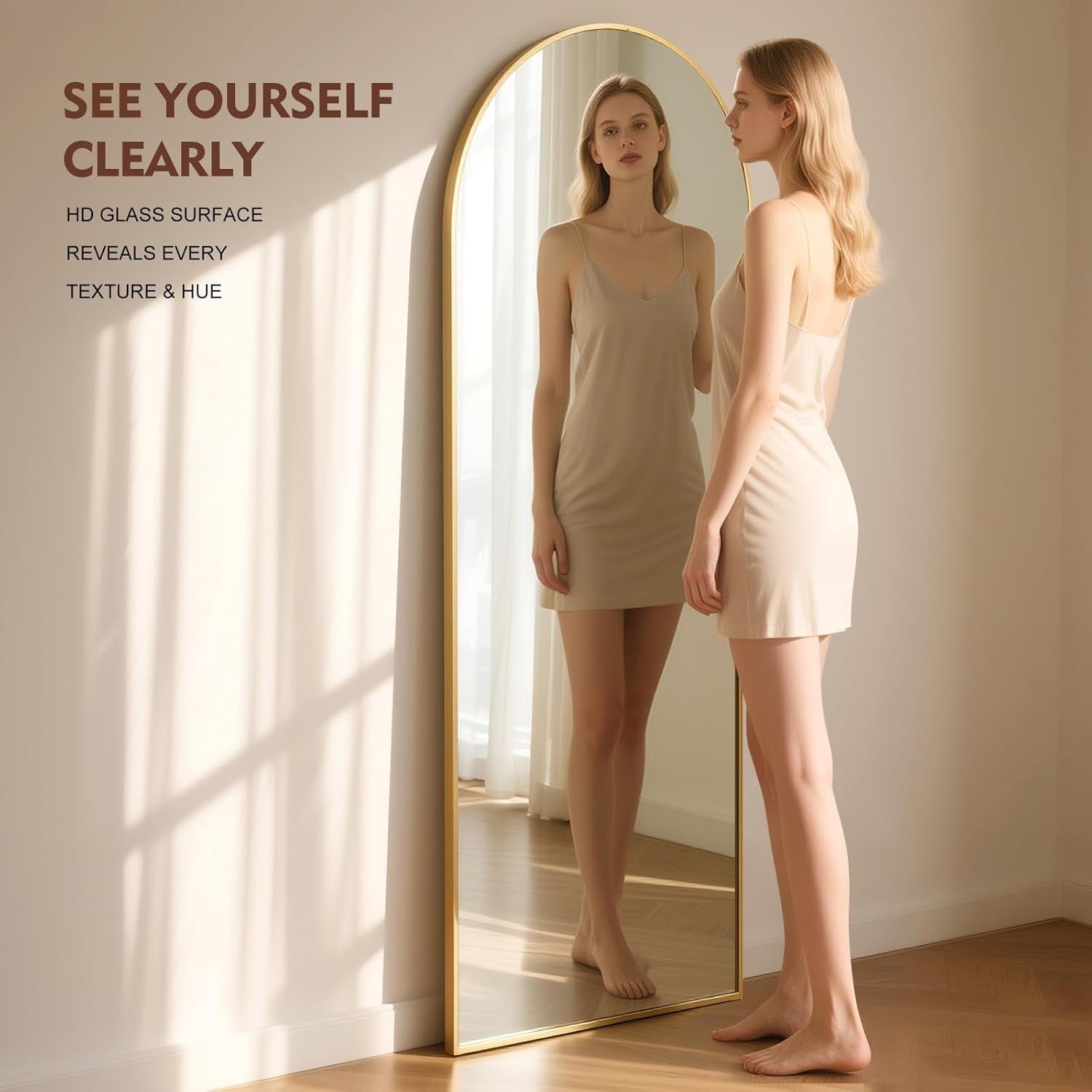 Full Length Arch Mirror 163x53cm Golden Frame Tempered Glass Free Standing