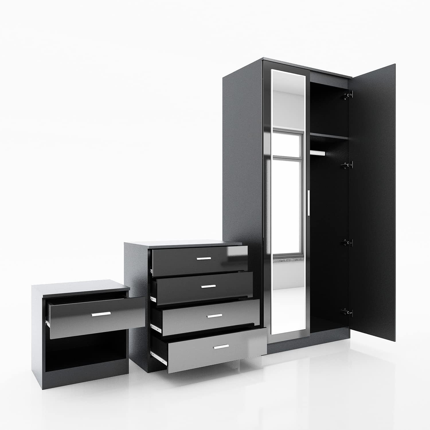 2 Door Mirror Wardrobe High Gloss Black Modern Bedroom Storage Unit