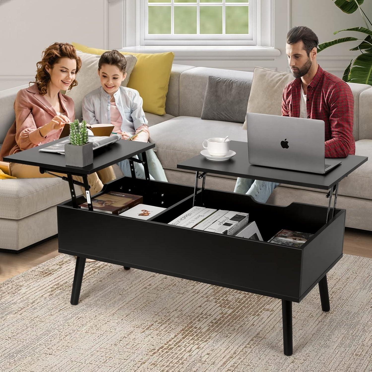 Black Lift Top Coffee Table with Hidden Storage & Dual Work Surfaces