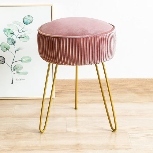 Pink Velvet Pleated Vanity Stool Round Ottoman with Gold Metal Legs