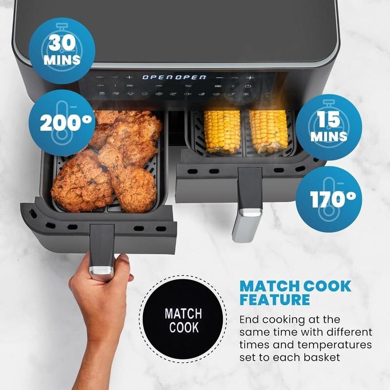 9L Dual Drawer Air Fryer 2400W 11 Presets Touch Sync Cook Oil-Free Family Size