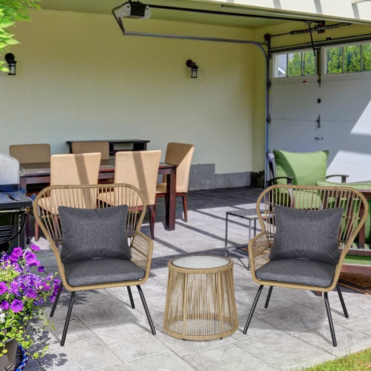 Designer Rattan Bistro Set 3PC Woven Armchairs Glass Table Patio Brown