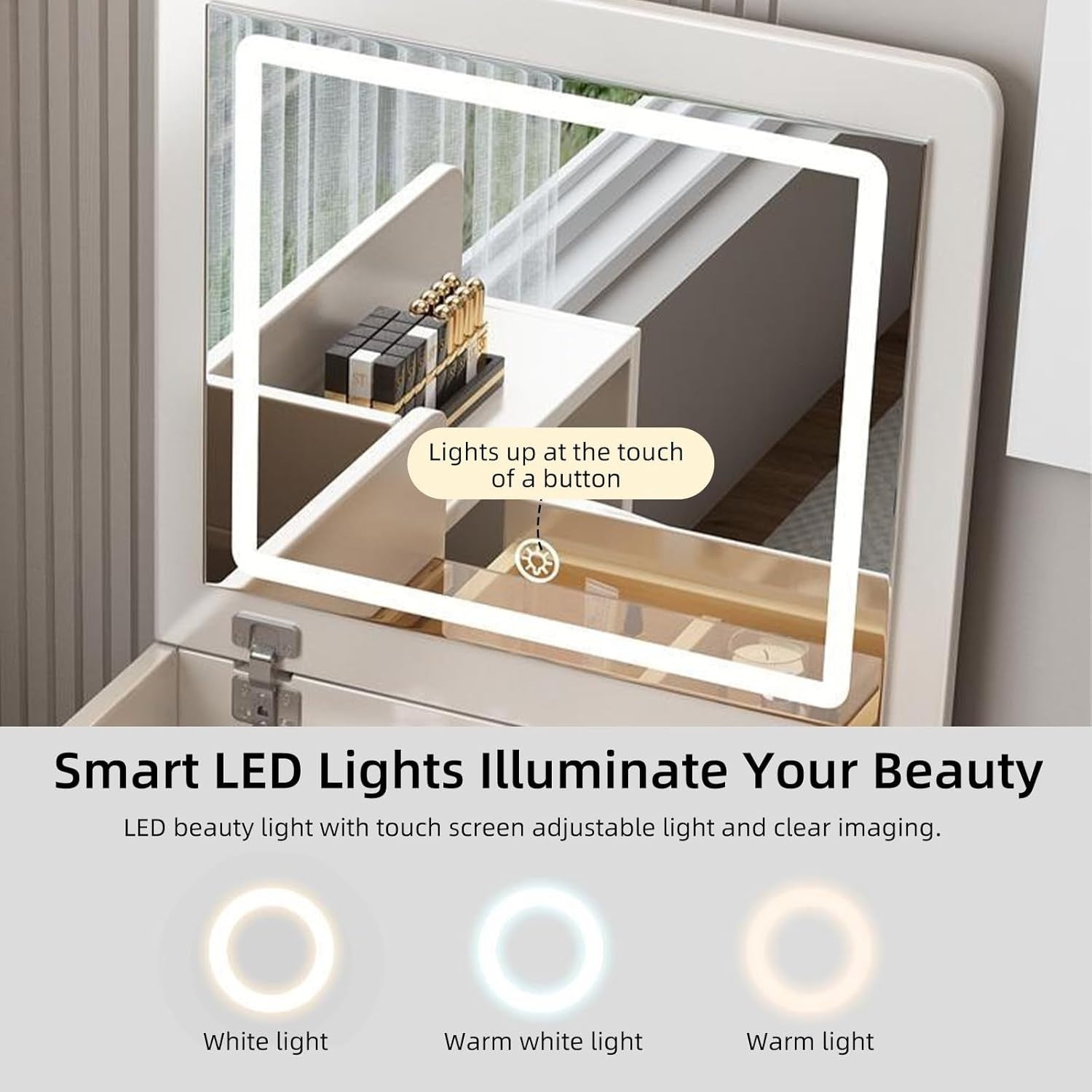 3-in-1 Vanity Desk Dressing Table Mirror LED Lights Storage Drawers White