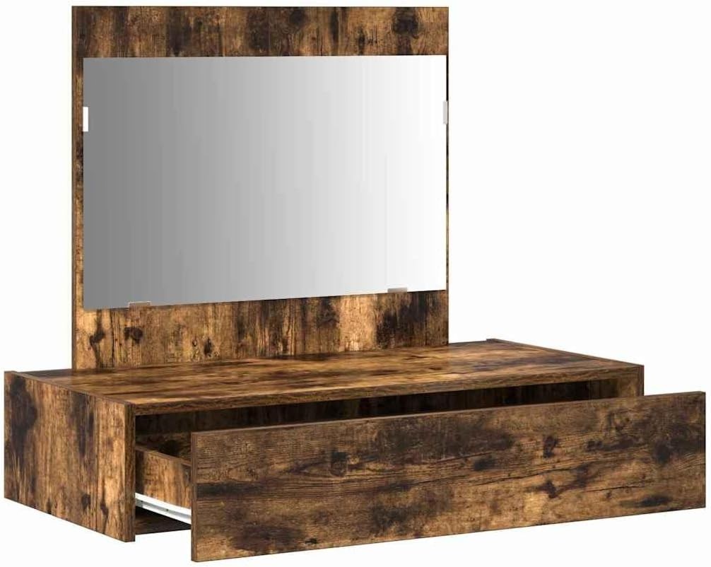 Modern Smoked Oak Dressing Table Vanity Desk with Mirror & Drawer Storage