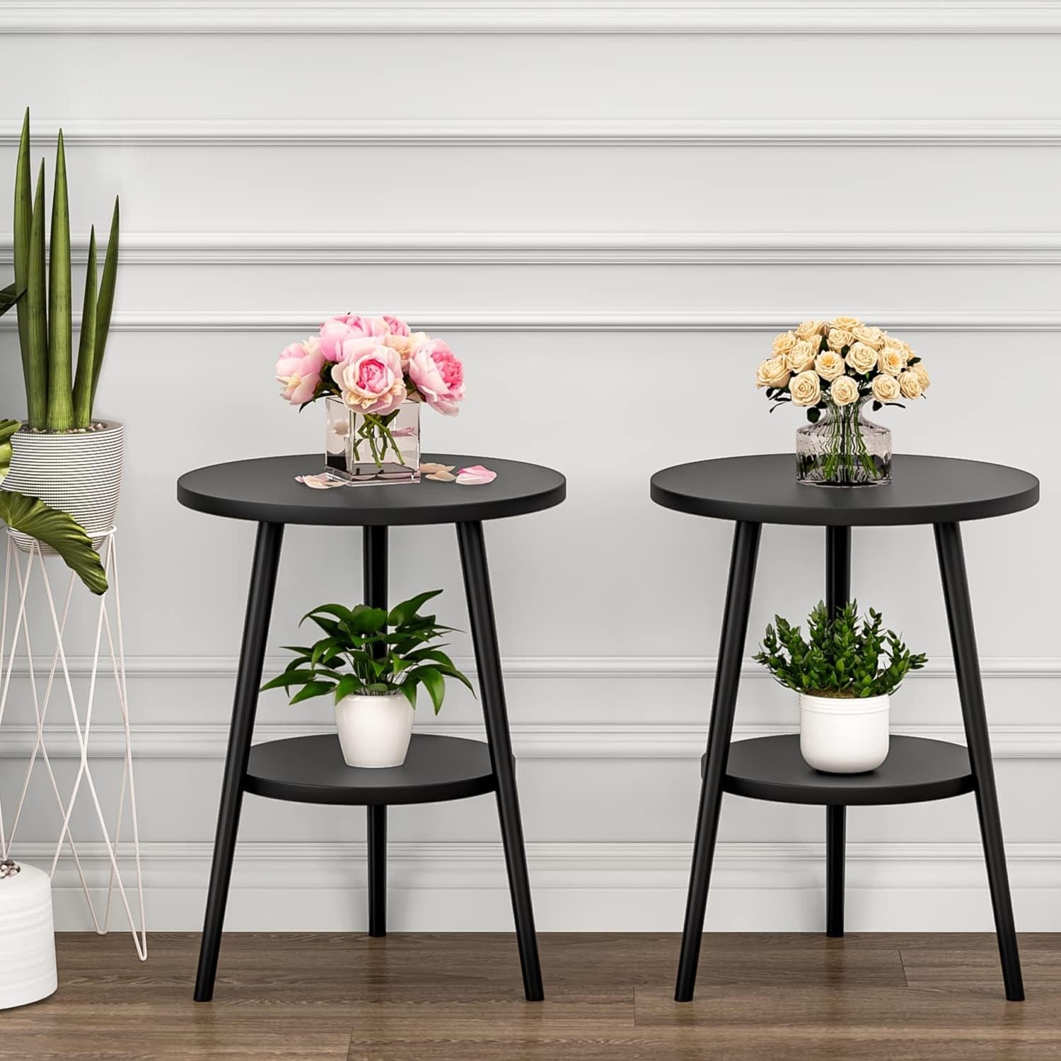 Modern 2-Tier Round Side Table with Metal Frame & Storage, 38x55cm Black