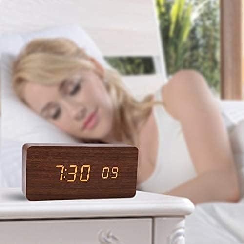 Wooden LED Digital Alarm Clock Silent Bedside Snooze Temperature