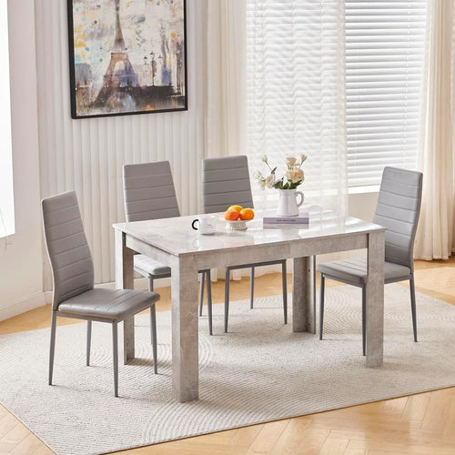 Grey Marble Dining Set 5-Piece | Modern Kitchen Table & Leather Chairs