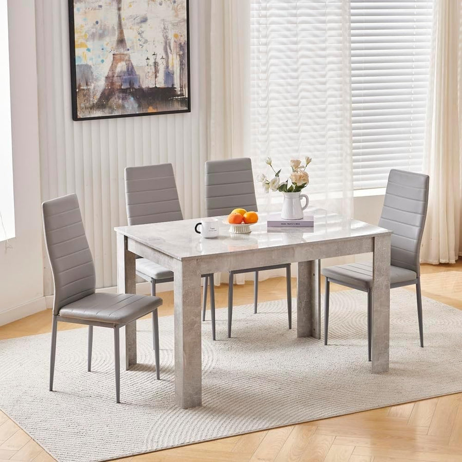 Grey Marble Dining Set 5-Piece | Modern Kitchen Table & Leather Chairs