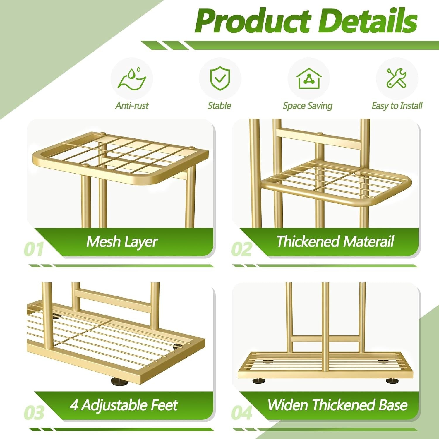 8 Tier Tall Gold Metal Plant Stand Indoor Outdoor Flower Shelf with Tools Set
