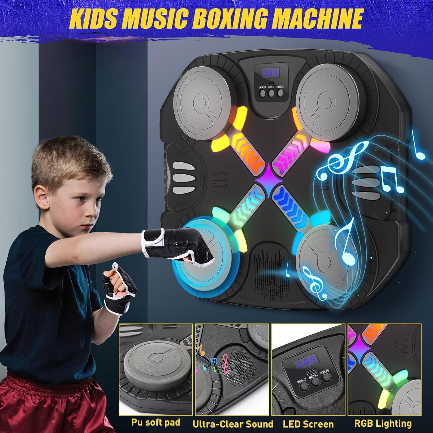 Kids Music Boxing Machine LED Punch Pad Wall Mounted Bluetooth Gloves