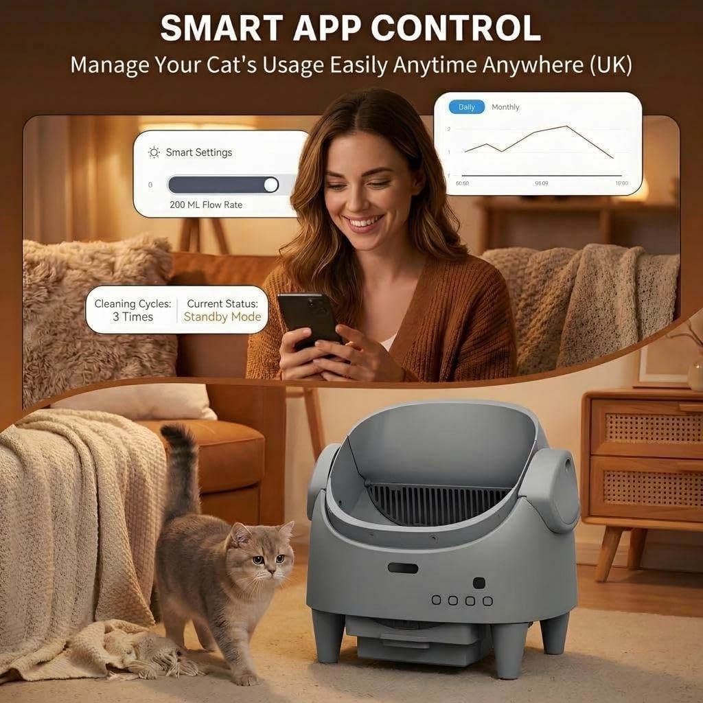 Self Cleaning Cat Litter Box APP Monitor Auto Open Top Grey XL