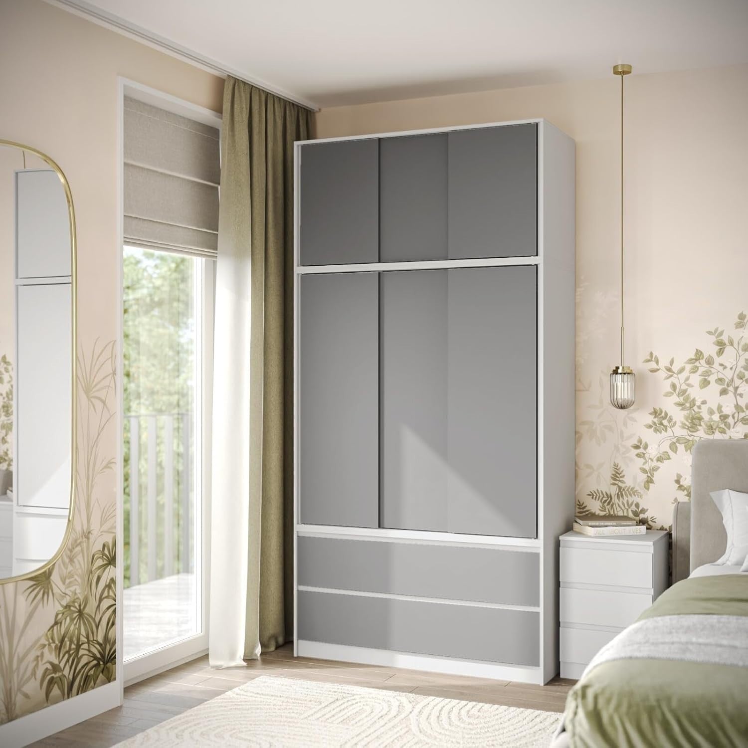 Grey Door Sliding Wardrobe 240cm 6 Doors 4 Drawers Spacious Bedroom Closet