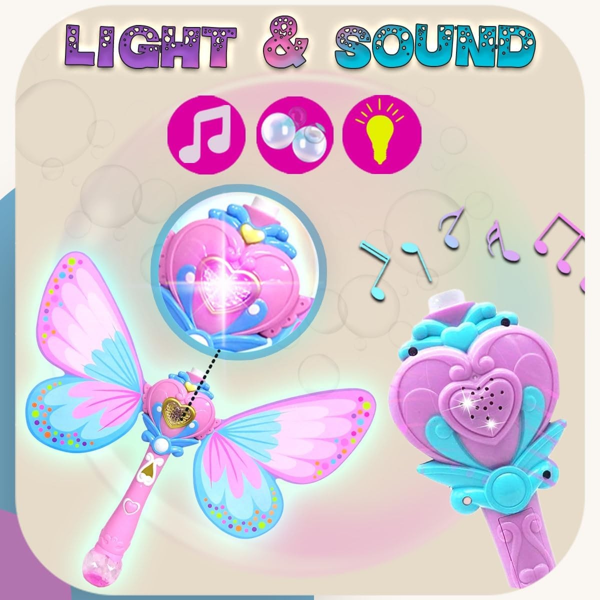 Kids Magic Bubble Wand Butterfly Fairy Light Up Musical Blower Pink