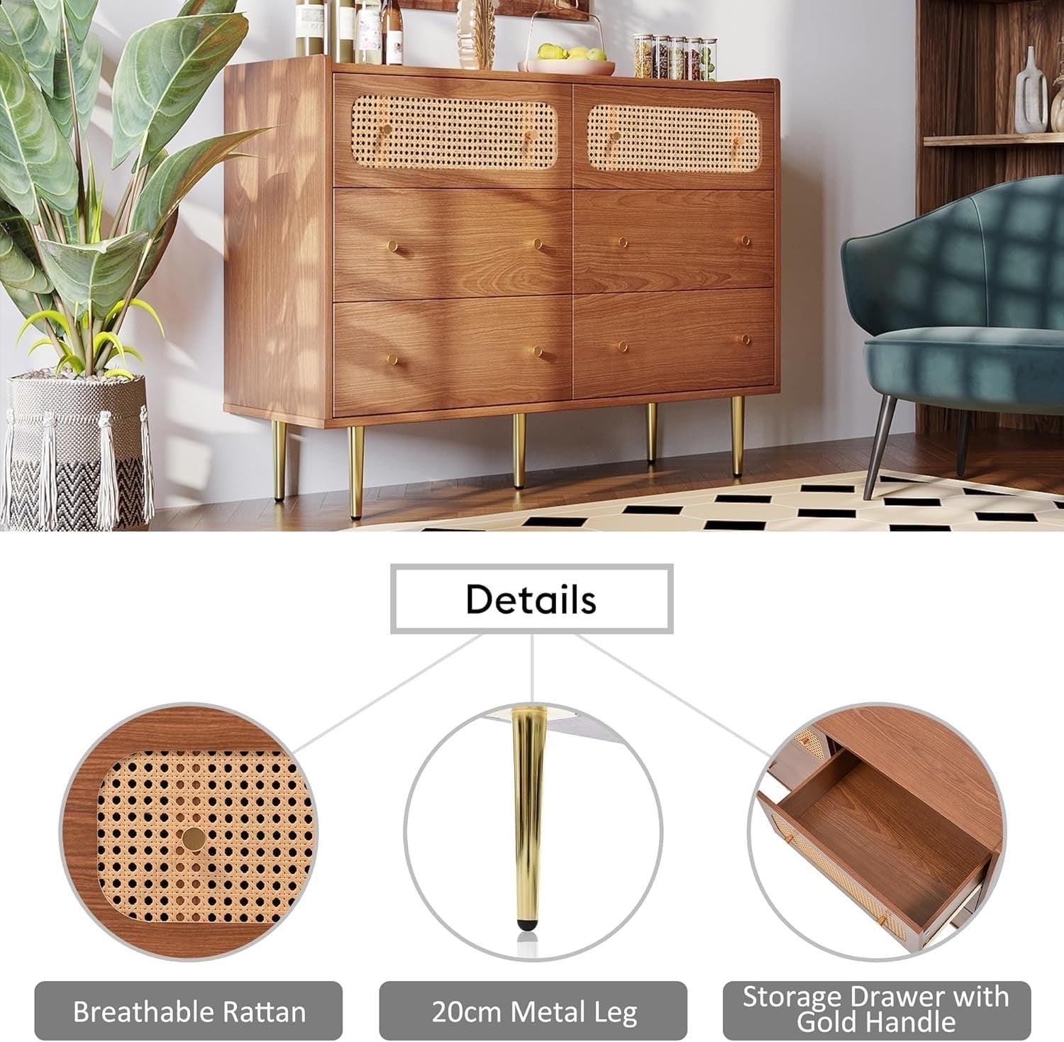 Rattan Sideboard Cabinet 6 Drawer Storage Unit Walnut for Living Room