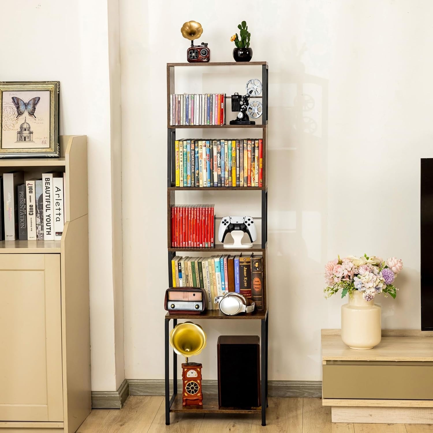 4 Tier CD DVD Storage Tower Media Shelf Adjustable Dividers Brown Wood
