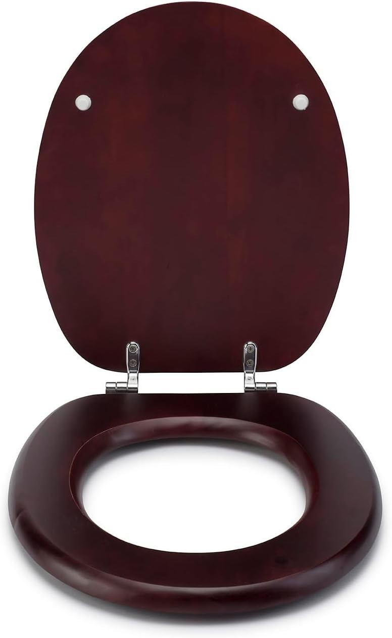 Solid Wood Toilet Seat Mahogany Wooden Oval Adjustable Hinges Chrome Fixings