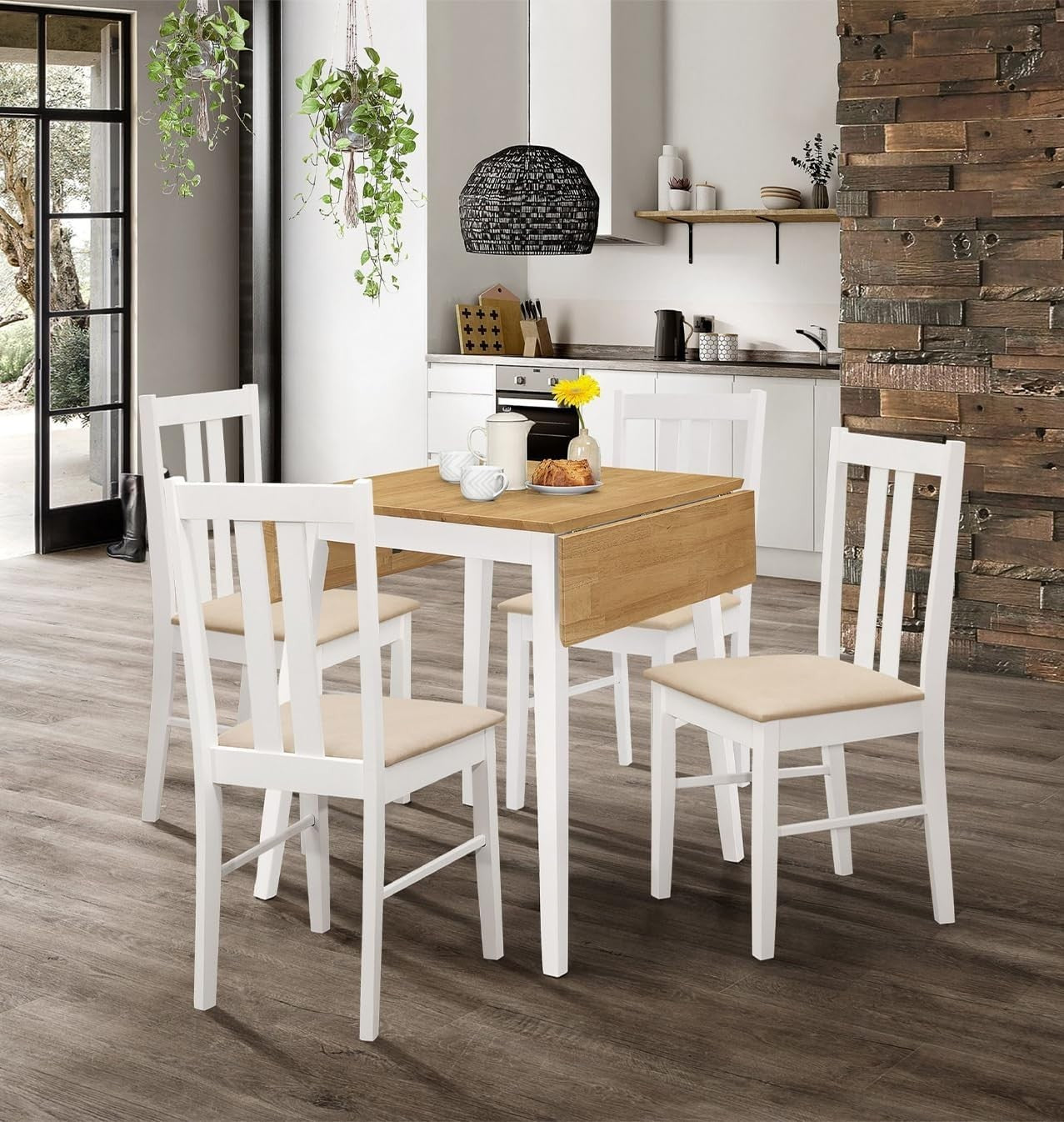 Drop Leaf Dining Table Set with 4 Chairs Oak White Foldable Space Saving