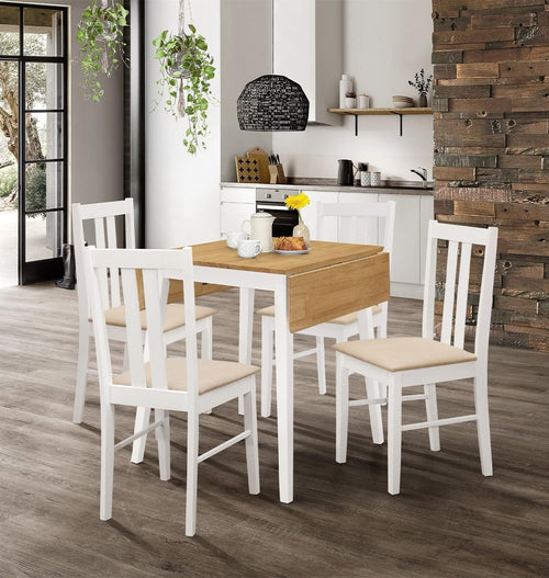 Drop Leaf Dining Table Set with 4 Chairs Oak White Foldable Space Saving