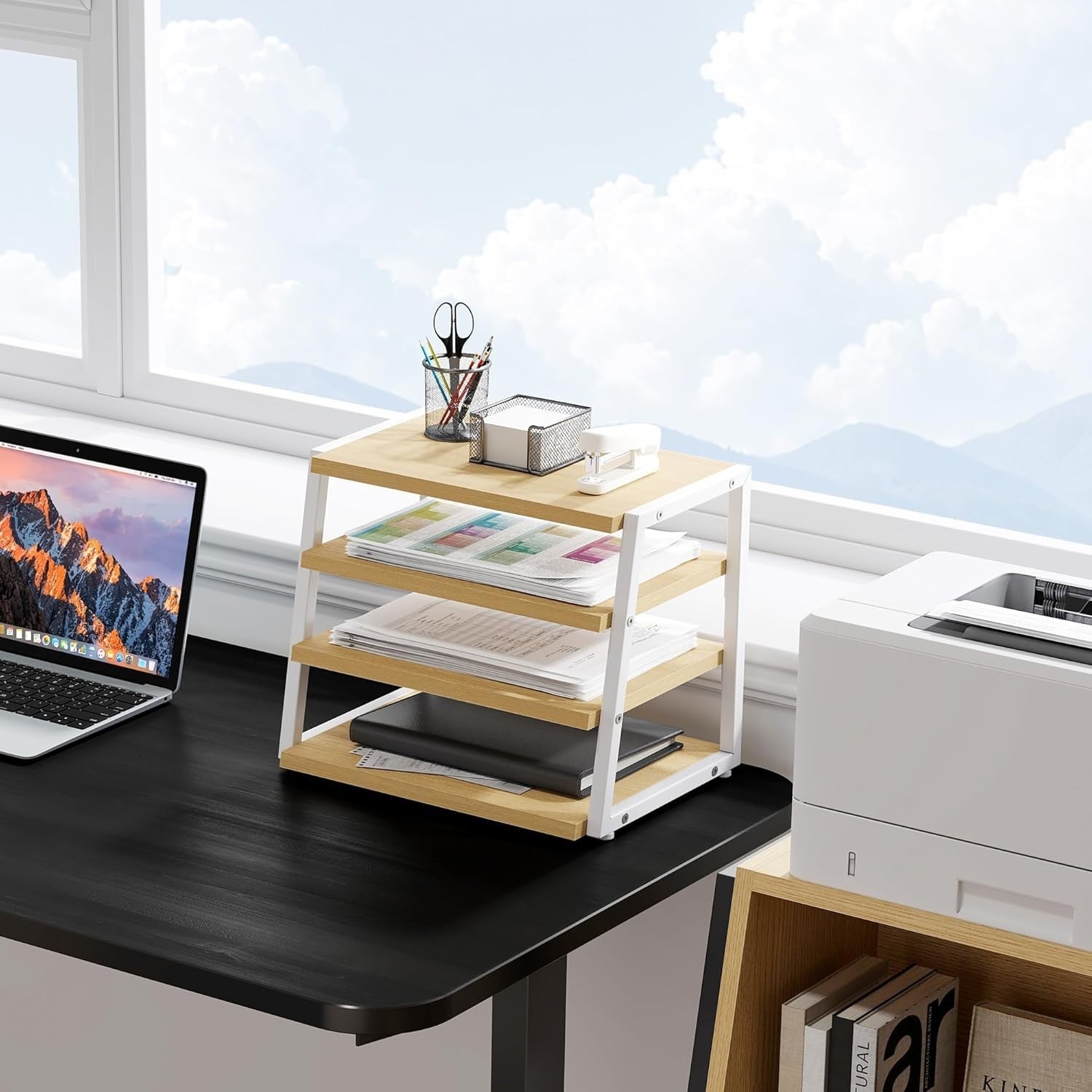 4 Tier Desk File Organizer Shelf A4 Paper Tray Wood Metal Office Rack