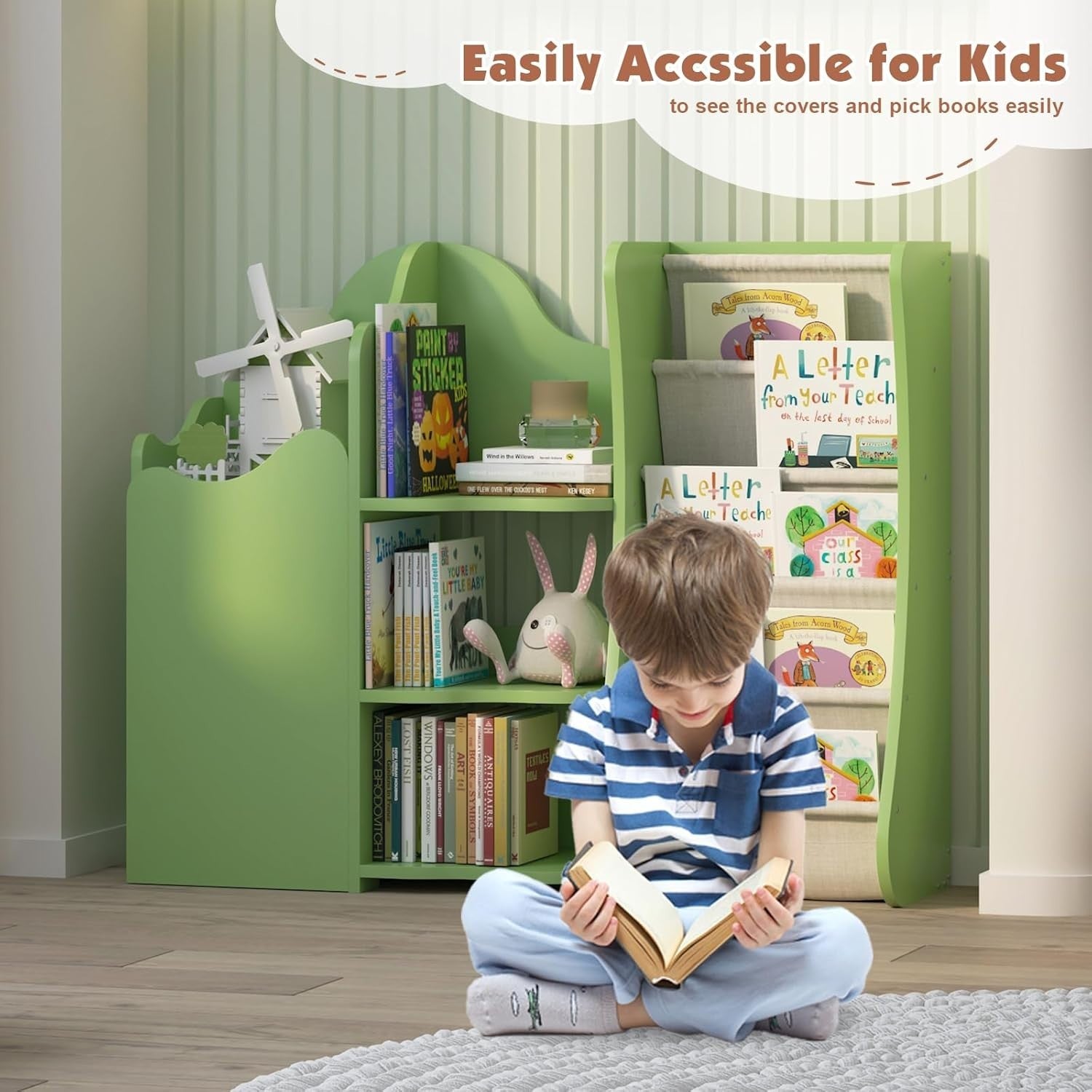 Kids Wooden Bookshelf & Toy Storage Organizer with 5 Sling Pockets & Doors