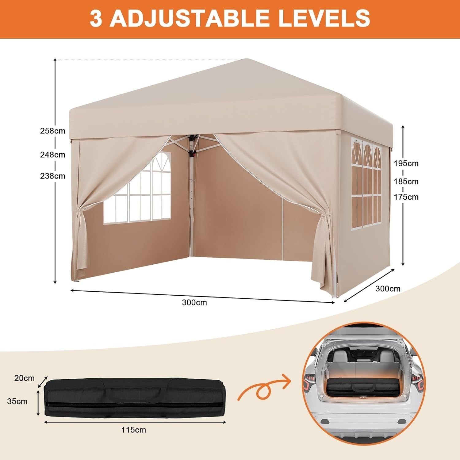 3x3M Beige Pop Up Gazebo With Removable Sidewalls Outdoor Tent