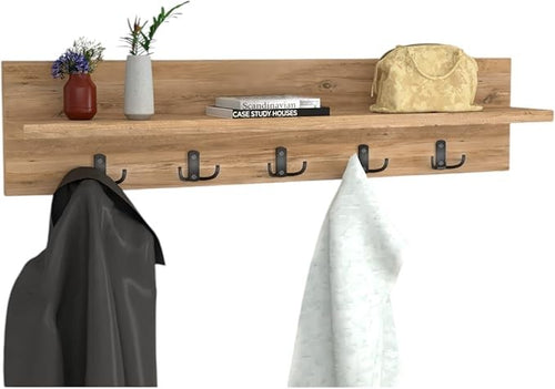 Wall Mounted Coat Rack 80cm Pine Shelf 5 Hooks Floating Storage Rail