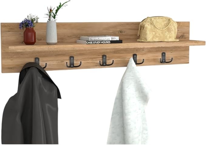 Wall Mounted Coat Rack 80cm Pine Shelf 5 Hooks Floating Storage Rail