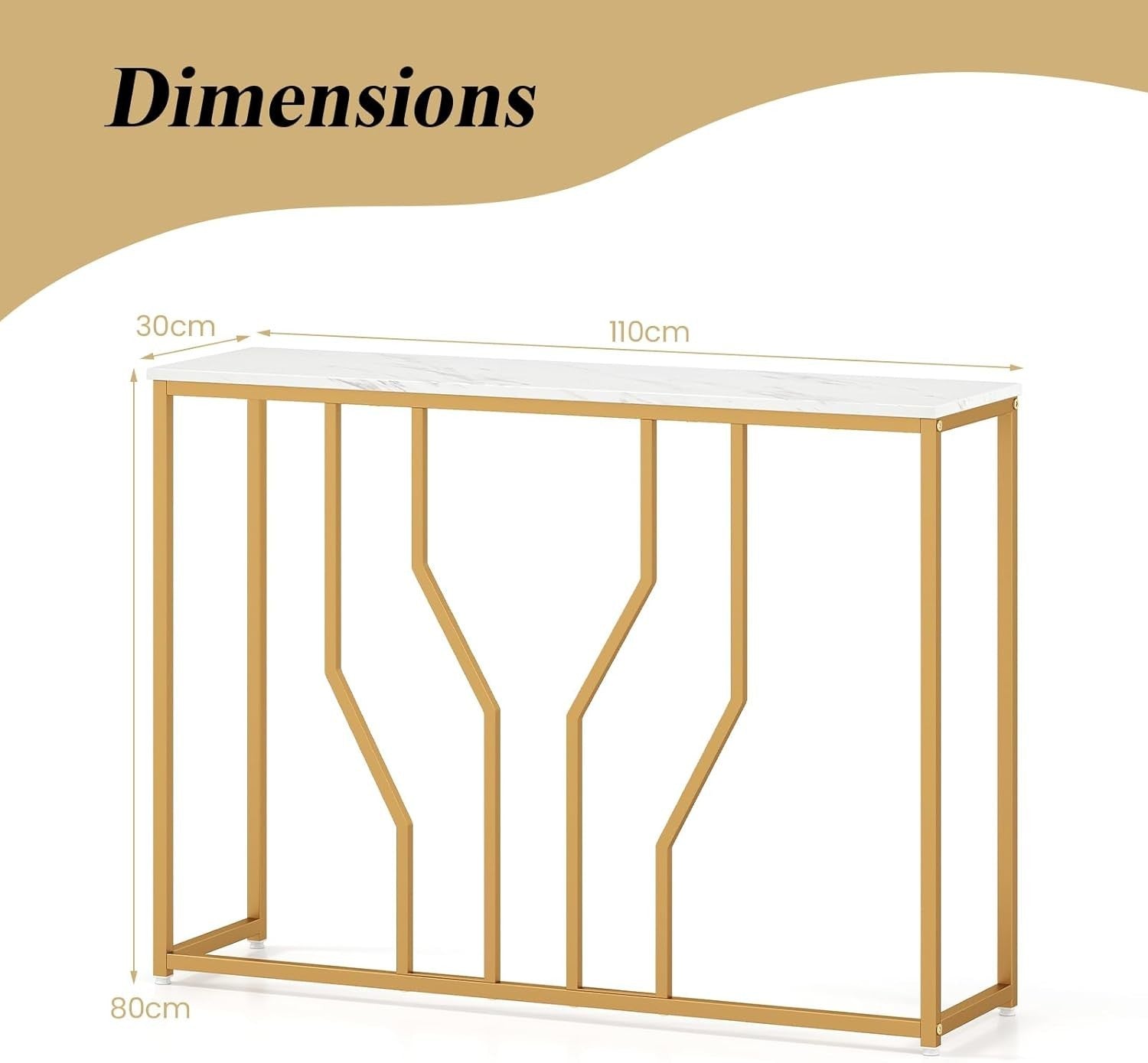 Slim Console Table with Faux Marble Top & Gold Metal Frame, 110cm